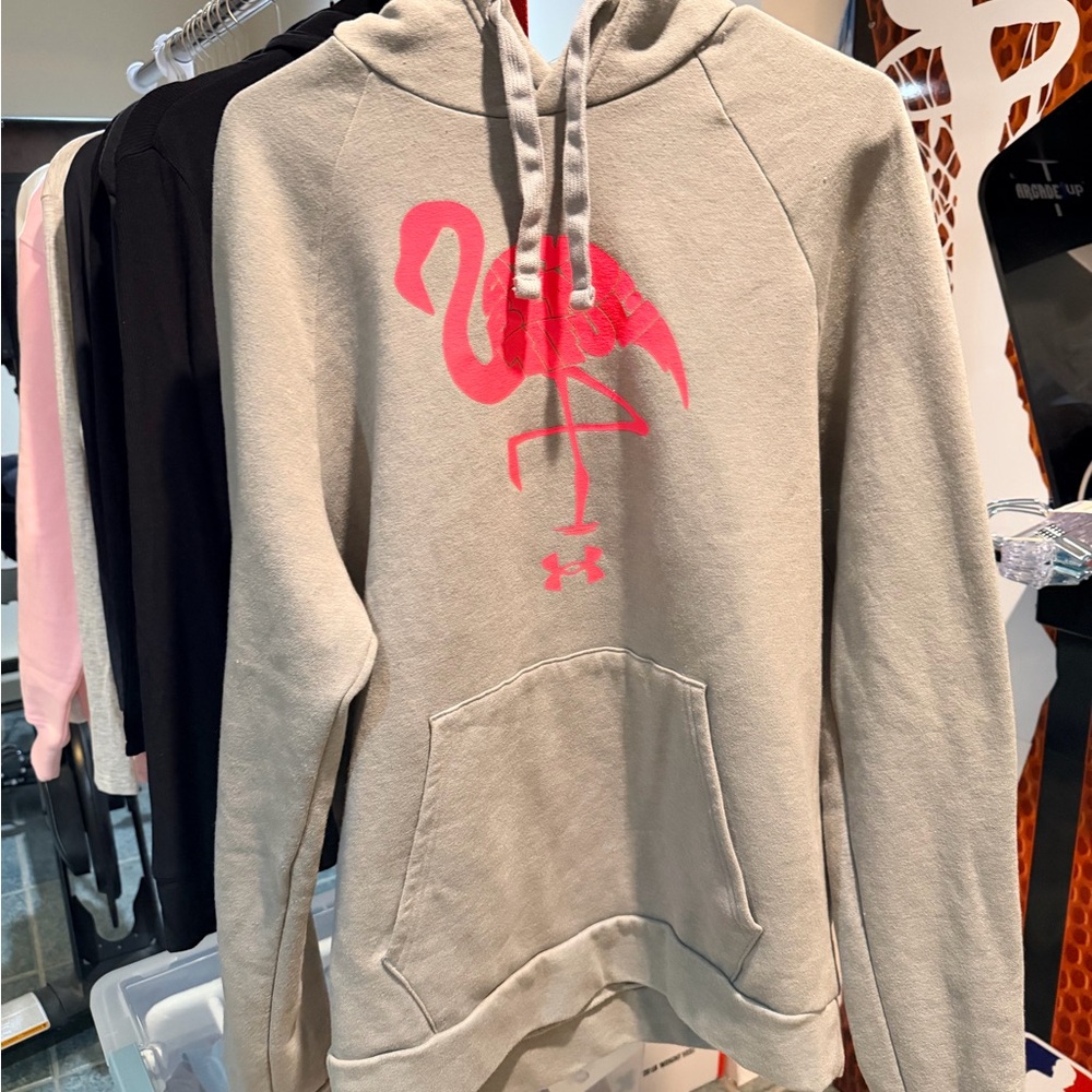 Under Armour Light Gray Hoodie with Pink Flamingo